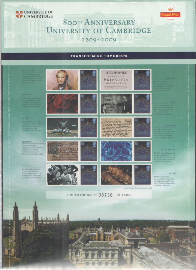 (image for) CS6 2009 Cambridge University Royal Mail Commem. Smilers Sheet